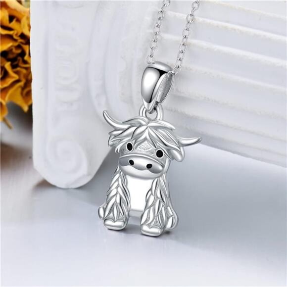 Highland Cow Necklace Sterling Silver Cute Scotland Cow Pendant - Picture 2 of 6